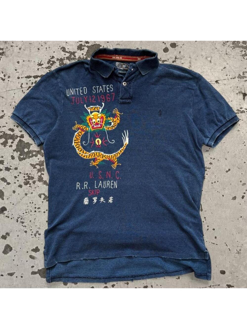 Mens Rare Vintage Dragon Embroidered Polo Ralph Lauren Tee Size L